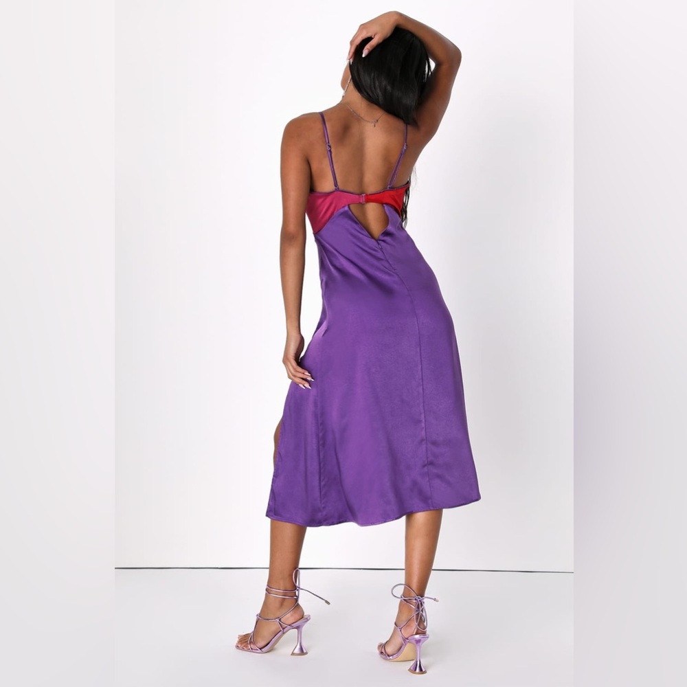 NWT Lulus Chic Combo Purple Color Block Satin Twist-Front Midi Dress D2936 Sz XS - Picture 9 of 14